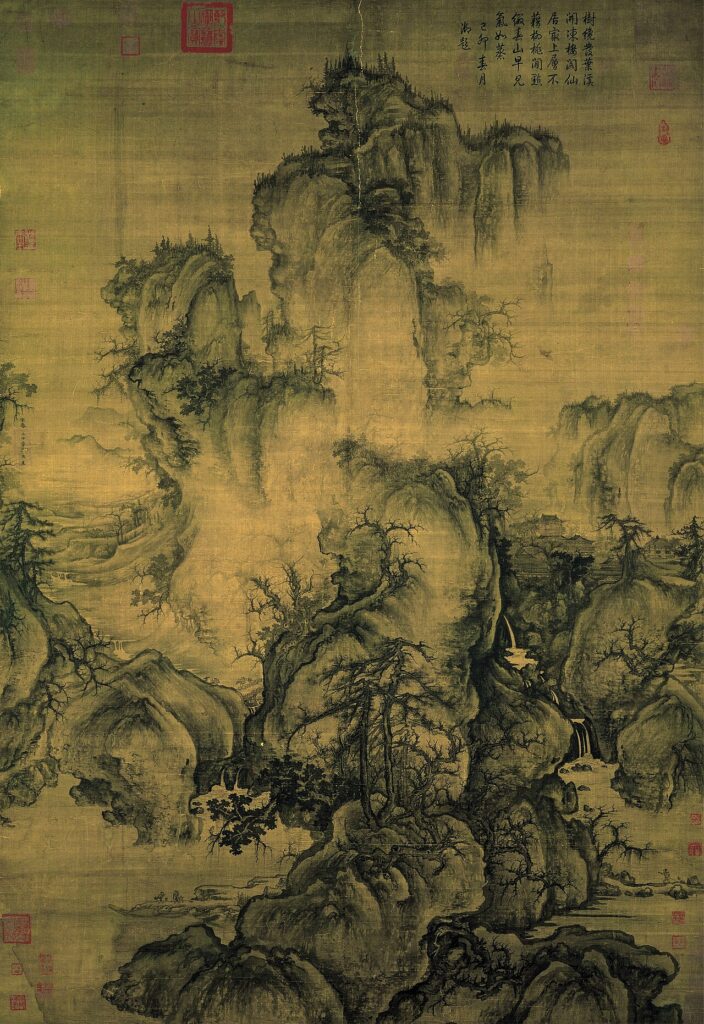 Guo Xi's hanging scroll Early Spring, dated 1072: mist-wrapped peaks and twisted pines rising above a narrow valley, painted in ink and light colour on silk. National Palace Museum, Taipei.