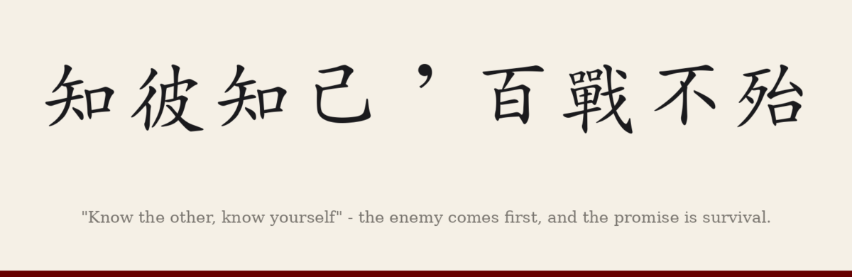 The eight characters 知彼知己 百戰不殆 set in a licensed kaishu typeface