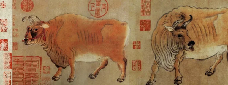 Detail of the Tang handscroll Five Oxen: a brown ox standing in profile beside a second ox, ink and colour on paper, with collectors’ seals in red.