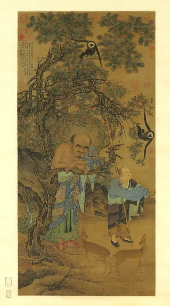 Song dynasty hanging scroll by Liu Songnian showing a seated luohan beneath a gnarled tree, attended by a young monk, in ink and colour on silk.
