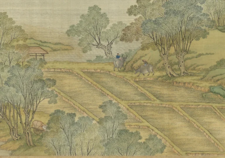 Two water buffalo with riders crossing bunded paddy fields among willows, with a thatched shelter and an ox-cart, painted in ink and colour on silk.