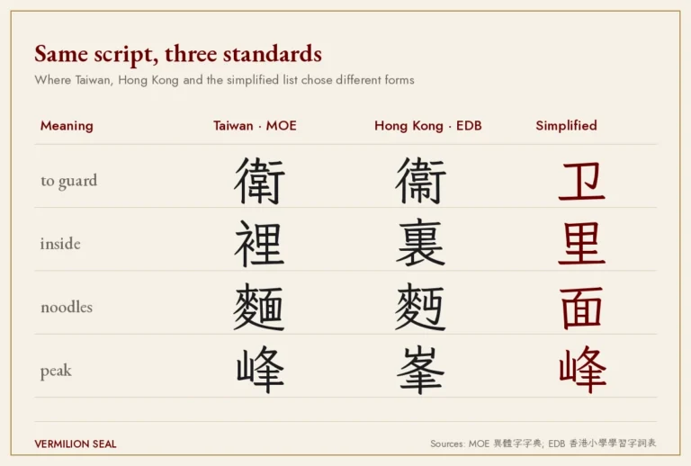 Table of four characters with different standard forms in Taiwan, Hong Kong and simplified Chinese: 衛 衞 卫, 裡 裏 里, 麵 麪 面, 峰 峯 峰
