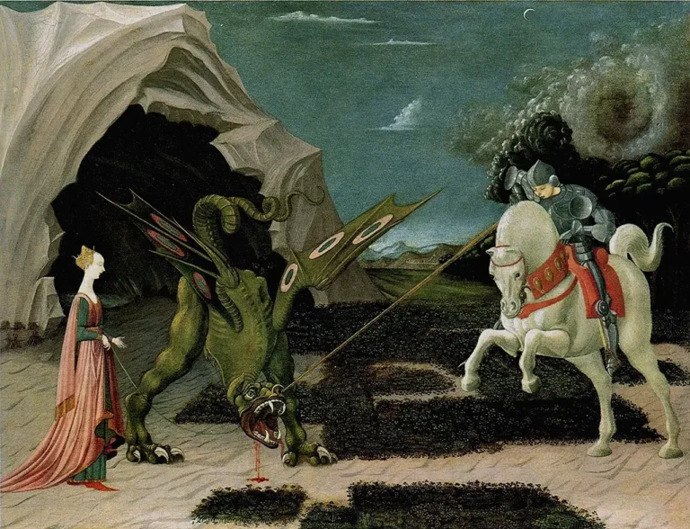Paolo Uccello's painting of Saint George on horseback driving a lance into the head of a winged dragon