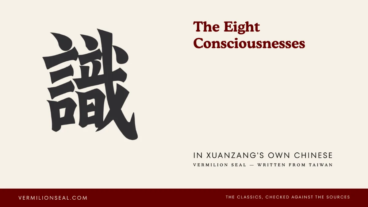 Cover card: the character 識 in brush script beside the title The Eight Consciousnesses