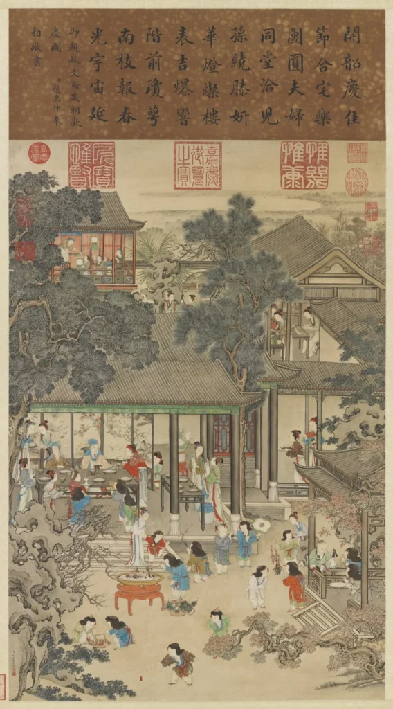 Hanging scroll by the Qing court painter Yao Wenhan, Joyous Celebration at the New Year: a household celebrating the new year in a walled courtyard garden, children at play below and elders watching from the hall, ink and colour on paper. National Palace Museum, Taipei.