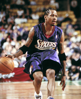 Allen Iverson playing for the Philadelphia 76ers; his neck tattoo is the character zhong, loyalty