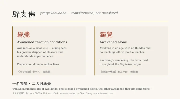 Two-column card contrasting the Chinese renderings of pratyekabuddha: yuanjue, awakened through conditions, and dujue, awakened alone, each with the source text it comes from.