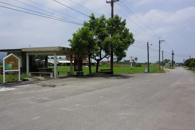 A small roadside Youying Gong shrine in Taiwan: a low masonry hut with a tiled roof, an open front with no door, and offerings on the altar inside.