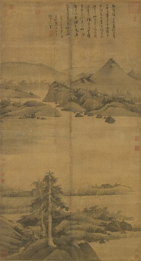 Wu Zhen, Fisherman (1342): a lone figure in a small boat on a wide, empty stretch of water, ink on silk