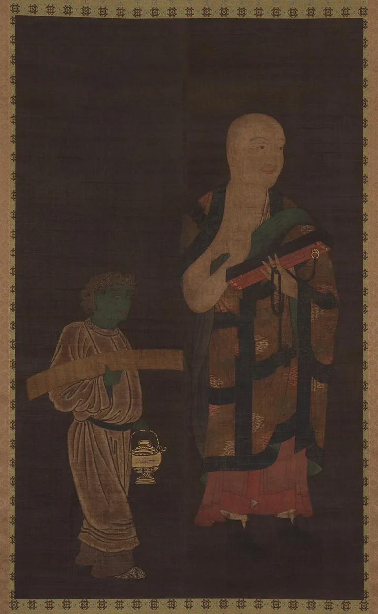 Fourteenth-century Japanese hanging scroll showing Xuanzang as a travelling monk, a tall pack of scrolls on his back and a fly-whisk in his hand, walking with an attendant.