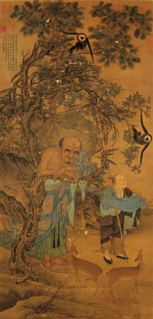 Song-dynasty hanging scroll: a bare-shouldered arhat leaning on a staff beside a pine, a young attendant beside him, two deer at his feet and two gibbons in the branches overhead.