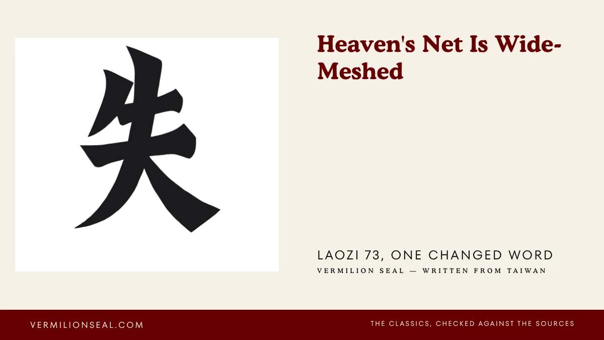 Vermilion Seal cover: the Chinese character shi, to lose, beside the title Heaven's Net Is Wide-Meshed